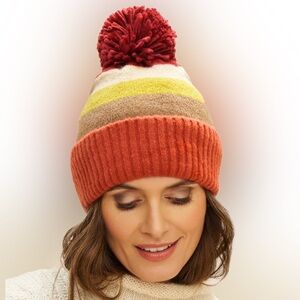 Powder UK Lilia cute striped beanie in “Tangerine” w/fuzzy pom-pom on top-NWT